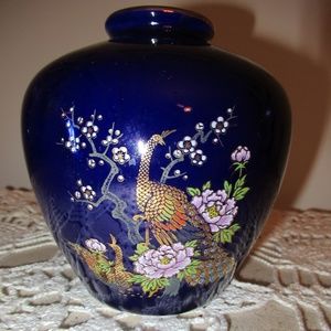 Vintage Japanese hand painted Cobalt blue 5" vase with Peacock